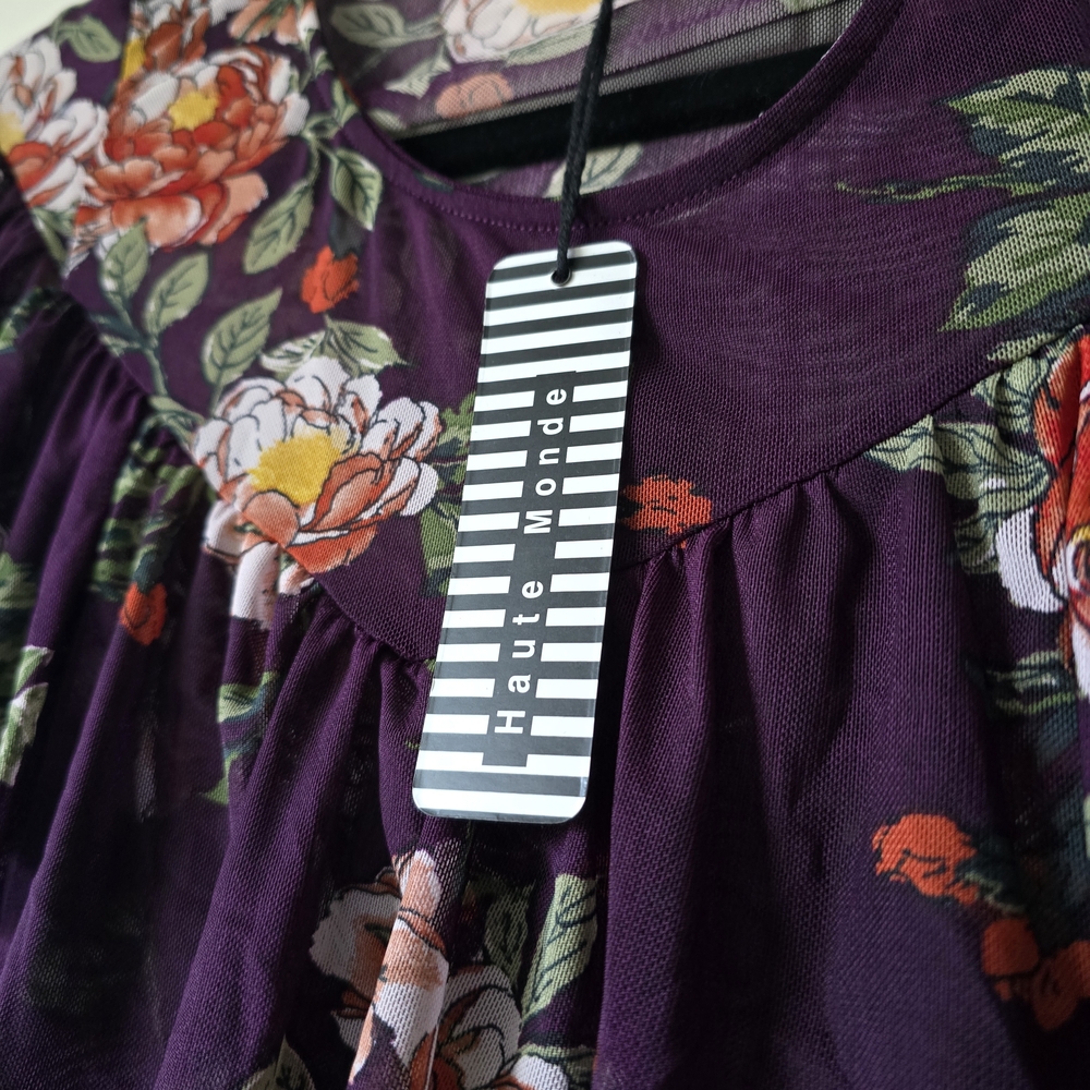 NWT Haute Monde Sheer Floral Blouse Top M Purple Romantic Ruffle Lightweight - Picture 2 of 10